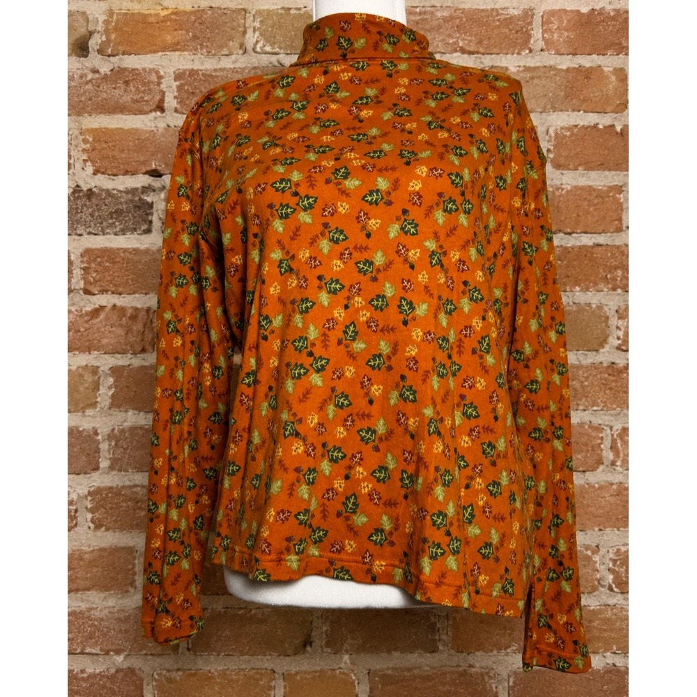 Vintage Orange Leaf Fall Print Turtleneck Long Sleeve Top M Autumn Cottagecore